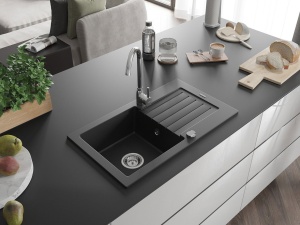 Chiuveta Bucatarie Granit cu 1 compartiment si scurgator, culoare negru, sifon crom, dimensiune 75.2x43.6cm - Img 3