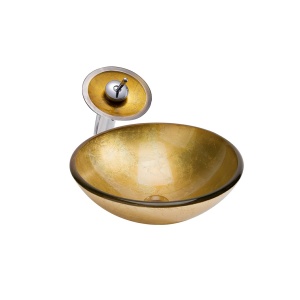 Chiuveta De Blat PRO GLASS GOLDEN cu accesorii, 42x42x 14 Cm, Montaj Pe Blat, Design Deosebit, Forma Rotunda, Ceramica Sanitara, Auriu - Img 1