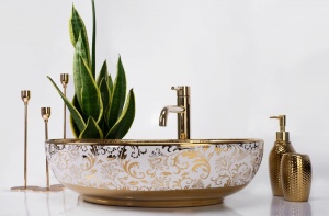 Chiuveta de blat REA MARGOT, Dimensiuni 52 x 40x 13.5 cm, Forma Ovala, Ceramica sanitara, Alb/Auriu