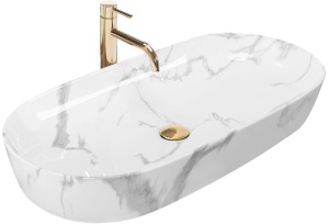 Lavoar De Blat REA CLEO 81 SHINNY MARMO, Dimensiuni 81 X 41 X 13.5 Cm, Design Deosebit, Forma Dreptunghiulara, Ceramica Sanitara, Alb/Gri - Img 1