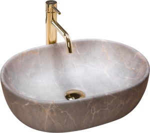 Lavoar de blat REA LARA BEIGE, 48.5x 35x 13.5 cm, Montaj Pe Blat, Design Deosebit, Forma Rotunda, Ceramica Sanitara, Bej - Img 1