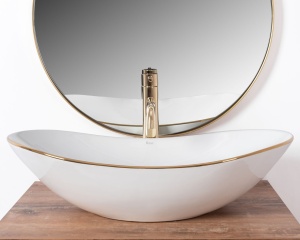 Lavoar de blat REA ROYAL GOLD EDGE, 62.5x 36x 15 cm, Montaj Pe Blat, Design Deosebit, Forma Rotunda, Ceramica Sanitara, Alb - Img 4