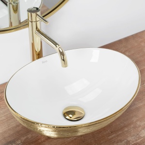 Lavoar De Blat REA SOFIA BRUSH GOLD, Dimensiuni 41 x 34.5 x 15 Cm, Montaj Pe Blat, Design Deosebit, Forma Ovala, Ceramica Sanitara, Alb/Auriu - Img 2