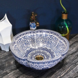 Lavoar de blat REA VIVIEN, 42.5x 42.5x 15 cm, Montaj Pe Blat, Design Deosebit, Forma Rorunda, Ceramica Sanitara, Alb/Albastru - Img 5
