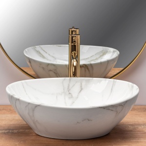Lavoar REA Sofia AIAX Shiny, 41x34.5x15 cm, montaj pe blat, design deosebit, ceramica sanitara, Imitatie Marmura - Img 2