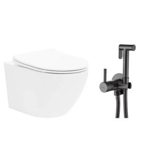 Pachet vas wc suspendat Rea Carlo Mini Basic, capac softclose si set dus igiena intima negru cu baterie incastrata Invena Bidetta - Img 1