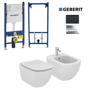Set Bideu si Vas WC PRO GEBERIT, montaj suspendat, ceramica sanitara, Vas WC Ideal Standard Tesi AquaBlade + Bideu + Model Capac Soft-Close Inclus+Cadru+Clapeta