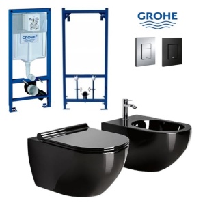 Set Bideu si Vas WC PRO GROHE, montaj suspendat, ceramica sanitara,Vas WC VERA BLACK RIMLESS +Bideu +Capac Soft-Close SLIM PREMIUM+Cadru +Clapeta - Img 1