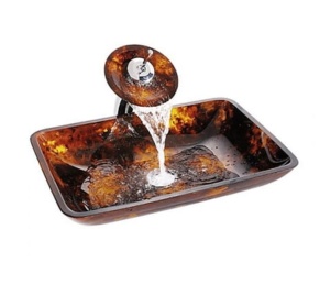 Set complet Chiuveta de blat PRO ERA GLASS si baterie, Dimensiuni 55 cm x 36 x 10 cm, Sticla temperata, Brown