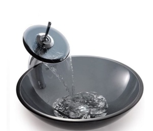 Set complet Chiuveta de blat PRO ERA GLASS si baterie, Forma rotunda, Dimensiuni 42 cm x 42 x 14 cm, Sticla temperata, Gri - Img 2