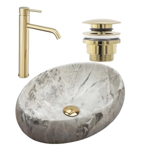 Set lavoar pe blat Rea Linda Stone piatra + baterie Lungo + ventil Click-Clack universal