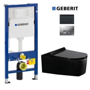 Set Vas WC PRO GEBERIT , Ceramica Sanitara, Vas WC LORENT BLACK RIMLESS + Capac Soft-Close SLIM Inclus + Cadru + Clapeta
