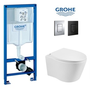Set Vas WC PRO GROHE, Montaj Suspendat, Ceramica Sanitara, Vas WC ALBA RIMLESS + Capac Soft-Close SLIM Inclus + Cadru + Clapeta