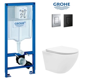 Set Vas WC PRO GROHE, Montaj Suspendat, Ceramica Sanitara, Vas WC VERA Alfonzo RIMLESS + Capac Soft-Close PREMIUM Inclus + Cadru + Clapeta