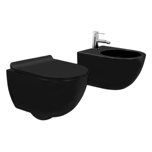 SET Vas WC REA CARLO Mini Rimless, Suspendat, Ceramica Sanitara, 49.5 X 37 X 35.5 cm, Capac Soft-Close Inclus, Negru Mat