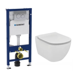 Set vas wc suspendat Ideal Standard Tesi AquaBlade cu capac clapeta crom 20 si rezervor Geberit Duofix Delta Plus