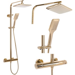 Sistem Complet De Dus REA TOM Montaj Pe Perete, Para Dreptunghiulara Tip Ploaie 25 x 17 Cm, 2 Functii De Curgere A Apei, Inaltime 120 cm, Auriu
