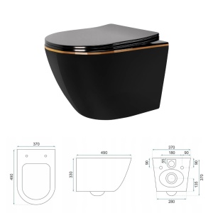 Vas WC REA CARLO MINI RIMLESS, Montaj Suspendat, Ceramica Sanitara, Capac DUROPLAST FLAT Soft-Close Inclus, Negru/Auriu - Img 6