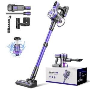 Aspirator Vertical 4-in-1 Fara Fir SeveShop® V08 Teendow, 12000 Pa, cu Iluminare LED, Recipient 500 ml, Filtru HEPA, Autonomie 30 min, Motor Ciclon, Tub Telescopic, Rotatie 180, Greutate 1,4 kg, Perii Multiple, Ideal Podea, Covor, Par Animale, Mov