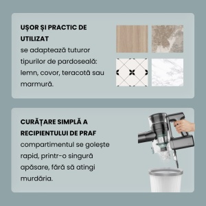 Aspirator Vertical, SeveShop®, P11 Pro 4 in 1 cu Putere 30000Pa, Motor 250W, Filtrare in 5 Etape cu HEPA Lavabil, Autonomie 50 Minute, Baterie Detasabila 22.2V, Perie cu LED, Sistem Anti-Incurcare, Capacitate 450ml, Tehnologie Cyclone, 1210x250x200 mm, Ve - Img 9