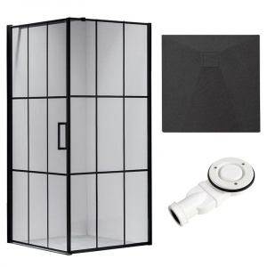 Cabina de dus BS13B Patrata 90x90cm, Design Modern Negru + Cada de dus Riko, Culoare Negru