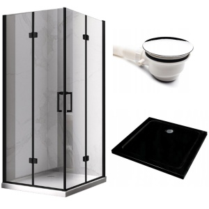 Cabina de dus KZ08D patrata 100x100cm, Negru+Cadita de dus ST06A, Culoare Negru