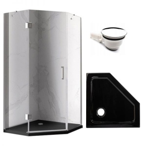 Cabina de dus KZ10C Pentagonala 100x100cm, Culoare Crom + Cadita de dus , Culoare Negru