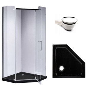 Cabina de dus KZ91A Pentagonala , Design Modern 80x80cm, Crom +Cadita de dus ST07A, Culoare Negru
