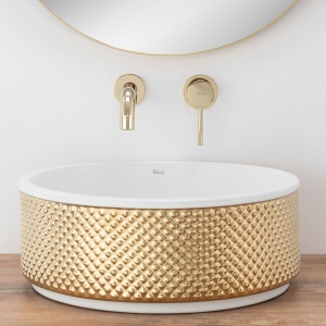 Chiuveta de blat REA Helen, 34.1x48.3 X 14.5 cm, Montaj Pe Blat, Design Deosebit, Ceramica Sanitara, Auriu / Alb - Img 3