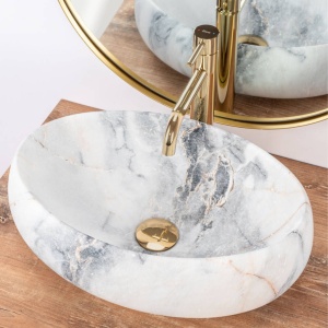 Chiuveta de blat REA LINDA GRANIT Mat, Dimensiuni 48 x 34x 14.5cm, Forma Ovala, Ceramica sanitara, Imitatie Marmura - Img 5