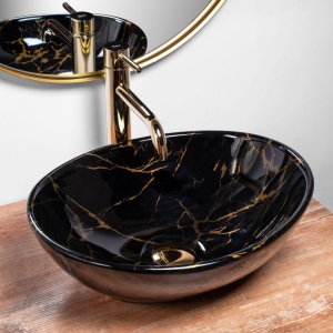 Chiuveta de blat REA SOFIA BLack Marble, Dimensiuni 41 x 34.5x 15 cm, Forma Ovala, Ceramica sanitara, Negru/Auriu - Img 3