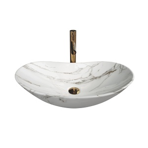 Lavoar De Blat PRO ZUZAN, Dimensiuni 60.5 X 36 X 15 Cm, Montaj Pe Blat, Design Deosebit, Forma Ovala, Ceramica Sanitara, Marmura/Gri - Img 3