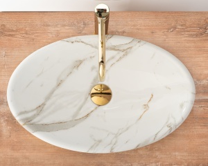 Lavoar de blat REA PAMELA AJAX SHINY, 53x 33x 15 cm, Montaj Pe Blat, Design Deosebit, Forma Rotunda, Ceramica Sanitara, Alb imitatie piatra - Img 4