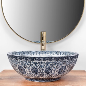 Lavoar de blat REA VIVIEN, 42.5x 42.5x 15 cm, Montaj Pe Blat, Design Deosebit, Forma Rorunda, Ceramica Sanitara, Alb/Albastru - Img 2