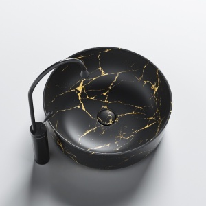 Lavoar pe blat, Fino, marmura ceramica negru cu model auriu, Rotund 41,5cm - Img 9