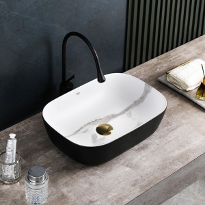Lavoar pe Blat, Milo, Marmura Ceramica Alb cu Model Marmura Interior-Negru Mat Exterior , Dreptunghiular 45,5 x 32,5 x 13,5 cm - Img 6