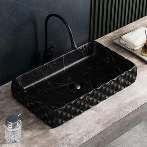 Lavoar pe blat, Pearl, Marmura Ceramica Negru cu Model Auriu , Dreptunghiular 60,5 x 34 x 11cm - Img 2