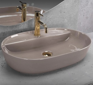 Lavoar pentru blat Rea Aura 61cm, Design Modern ,Culoare Beige Shiny - Img 3