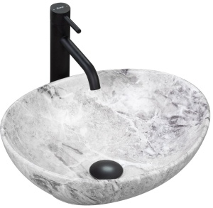 Lavoar REA Sofia Lavabo Stone, 41x34.5x15 cm, montaj pe blat, design deosebit, ceramica sanitara, Gri