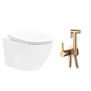Pachet vas wc suspendat Rea Carlo Mini Basic, capac softclose si set dus igiena intima auriu cu baterie incastrata Invena Bidetta - Img 1