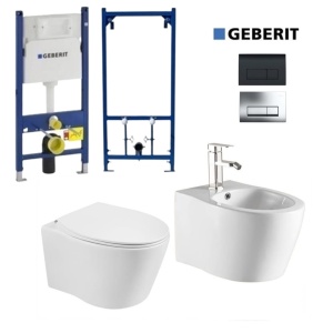 Set Bideu si Vas WC PRO GEBERIT, ceramica sanitara, Vas WC ALBA RIMLESS + Bideu + Capac Soft-Close Inclus SLIM PREMIUM + Cadru + Clapeta
