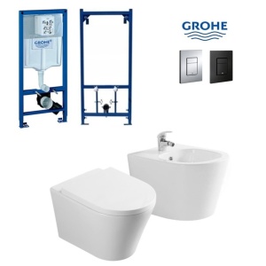 Set Bideu si Vas WC PRO GROHE, montaj suspendat, ceramica sanitara, WC SONATA Clementina RIMLESS + Bideu +Capac Soft-Close + Cadru + Clapeta