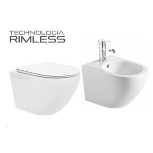 Set Bideu si Vas WC PRO MOUSSE VERA Alfonzo RIMLESS, montaj suspendat, ceramica sanitara, Capac Soft-Close inclus