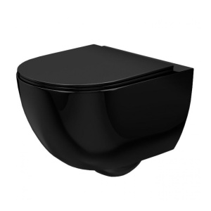 Set Bideu si Vas WC REA CARLO Mini Rimless, Suspendat, Ceramica Sanitara, 49 X 37 X 35.5 cm, Capac Soft-Close Inclus, Negru Lucios - Img 2