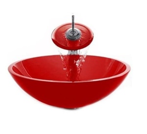 Set complet Chiuveta de blat PRO ERA GLASS si baterie, Forma rotunda, Dimensiuni 42 cm x 42 x 14 cm, Sticla temperata, Red