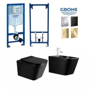 Set GROHE Bideu si Vas WC IMPERIA RIMLESS+Capac Soft-Close Inclus SLIM PREMIUM+Cadru+Clapeta, Ceramica sanitara, Negru mat - Img 1