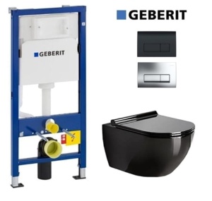 Set Vas WC PRO GEBERIT, Montaj Suspendat, Ceramica Sanitara, Vas WC VERA BLACK RIMLESS + Capac Soft-Close SLIM Inclus+Cadru+Clapeta