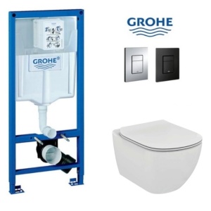 Set Vas WC PRO GROHE, Montaj Suspendat, Ceramica Sanitara, Vas WC Idea Standard Tesi AquaBlade + Model Capac Soft-Close Inclus + Cadru + Clapeta