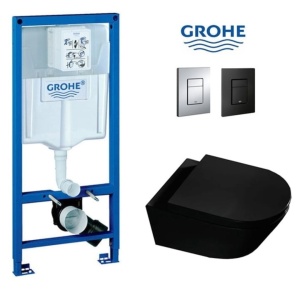 Set Vas WC PRO GROHE, Montaj Suspendat, Ceramica Sanitara, Vas WC SONET BLACK RIMLESS + Capac Soft-Close STANDARD Inclus + Cadru + Clapeta