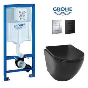 Set Vas WC PRO GROHE, Montaj Suspendat, Ceramica Sanitara, Vas WC VITO BLACK LUCIOS RIMLESS + Capac Soft-Close SLIM Inclus + Cadru + Clapeta